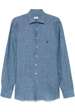 Etro | Camicia in lino celeste con ricamo logo | male | | 43