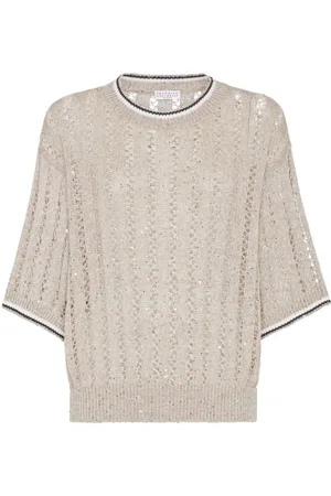 Brunello Cucinelli | Maglia Dazzling a mezze maniche traforata in lino | female | | L