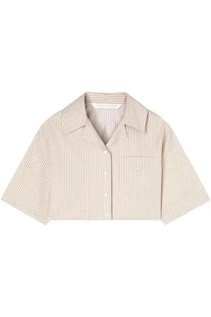Palm Angels | Camicia corta in cotone a righe beige e bianche con logo | female | | 38