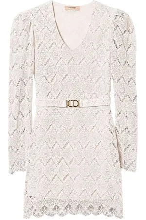 Twin-Set | Abito corto in cotone avorio in pizzo macramè | female | | 40