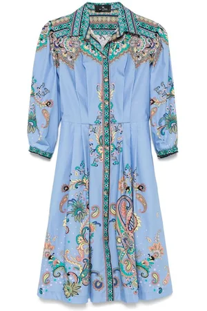 Etro | Abito midi chemisier in cotone blu con fantasia | female | | 40