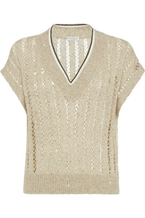 Brunello Cucinelli | Maglia in misto lino traforata con scollo a V | female | | XS