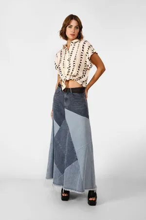 Dixie Gonna lunga jeans fantasia geometrica multicolor con orli sfrangiati