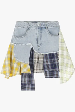 Dixie Gonna corta in denim con inserti scozzesi