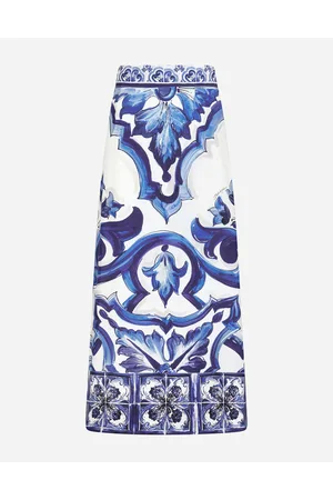Dolce & Gabbana Gonna Longuette In Charmeuse Stampa Maiolica Con Spacco - Donna Gonne Blu Seta 36