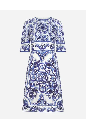 Dolce & Gabbana Abito Midi In Charmeuse Stampa Maiolica - Donna Abiti Blu Seta 36