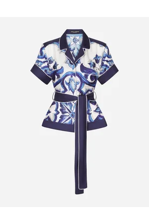 Dolce & Gabbana Camicia In Twill Stampa Maiolica Con Cintura - Donna Camicie E Top Blu Seta 46
