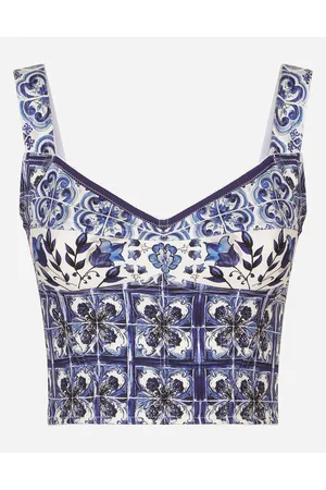 Dolce & Gabbana Bustier In Charmeuse Stampa Maiolica - Donna Camicie E Top Blu Seta 36