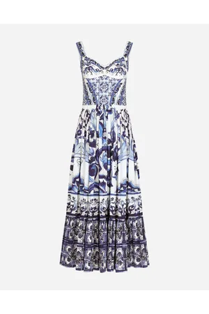 Dolce & Gabbana Abito Bustier Longuette In Popeline Stampa Maiolica - Donna Abiti Blu Cotone 46