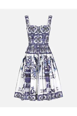 Dolce & Gabbana Abito Bustier Midi In Popeline Stampa Maiolica - Donna Abiti Blu Cotone 46