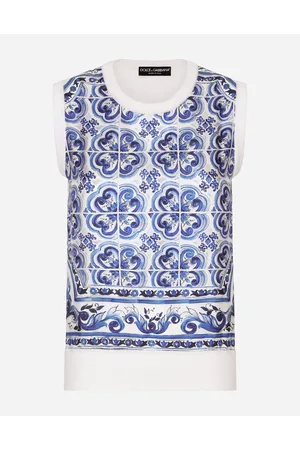 Dolce & Gabbana Maglia Senza Maniche In Seta E Twill Stampa Maiolica - Donna Maglioni E Cardigan Blu Seta 36