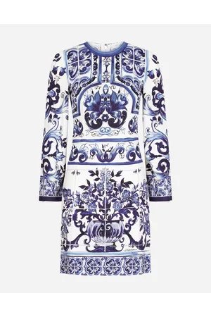 Dolce & Gabbana Abito Corto In Organzino Stampa Maiolica - Donna Abiti Blu 36