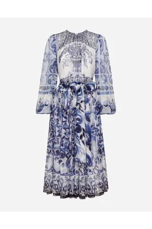 Dolce & Gabbana Majolica Print Chiffon Midi Dress - Donna Abiti Blu Seta 36
