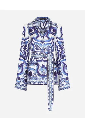 Dolce & Gabbana Camicia Pigiama In Twill Stampa Maiolica - Donna Camicie E Top Blu Seta 42