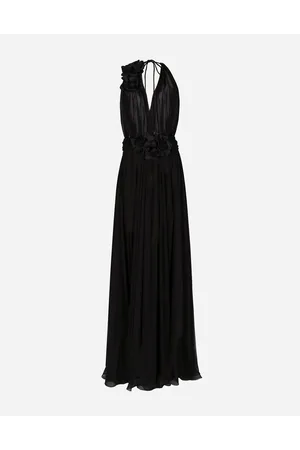 Dolce & Gabbana Abito Lungo In Chiffon Di Seta Con Fiori Applicati - Donna Abiti Seta 44