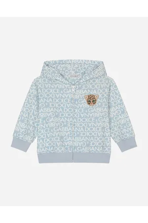 Dolce & Gabbana Felpa Con Cappuccio In Jersey Con Stampa Logomania E Patch - Uomo Topwear Azzurro Jersey 3/6 Months