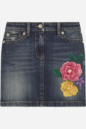 Dolce & Gabbana Gonna 5 Tasche In Denim Con Fiori Tridimensionali E Placca Logata - Donna Pantaloni E Gonne Blu 8 Years