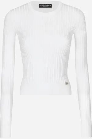 Dolce & Gabbana Maglia A Costine In Viscosa Con Pin Logo Dg In Metallo - Donna Maglioni E Cardigan Bianco 40