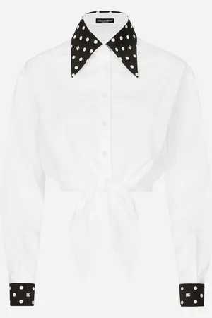 Dolce & Gabbana Camicia Cropped Con Nodo In Vita In Cotone Stampa Pois - Donna Camicie E Top Bianco 46