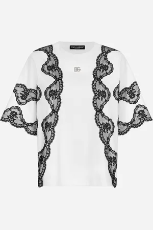 Dolce & Gabbana T-shirt In Jersey Con Inserti In Pizzo E Logo Dg - Donna T-shirts E Felpe Bianco Cotone 36