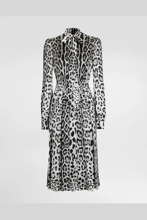 Dolce & Gabbana Abito Longuette Chemisier In Raso Con Fiocco Leopardo - Donna Abiti 36