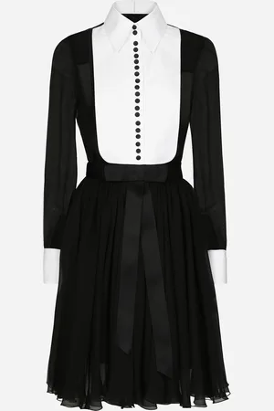 Dolce & Gabbana Abito Midi Chemisier In Chiffon Con Plastron E Polsini In Piquet - Donna Abiti Seta 44