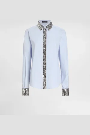 Dolce & Gabbana Camicia In Popeline Di Cotone Con Dettagli In Paillettes - Donna Camicie E Top Azzurro Cotone 40