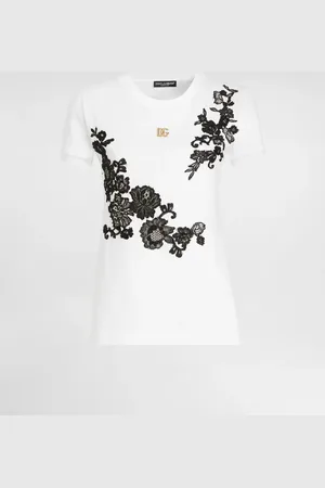 Dolce & Gabbana T-shirt In Jersey Con Dettagli In Pizzo E Logo Dg Pin - Donna T-shirts E Felpe Bianco 36