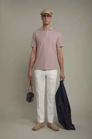 DOPPELGÄNGER Polo uomo manica corta con collo derby senza bottoni 100% cotone a righe sottili regular fit