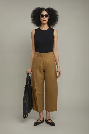 DOPPELGÄNGER Pantalone donna a gamba larga misto lino e cotone regular fit