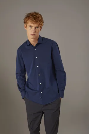 DOPPELGÄNGER Camicia classica lavata con collo francese comfort fit tessuto spinato