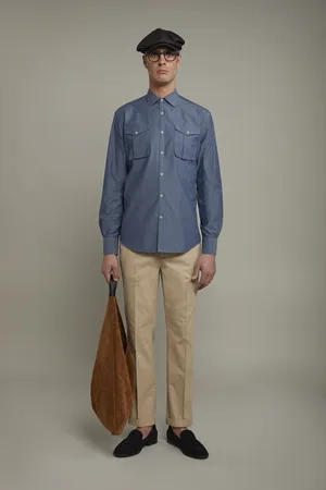 DOPPELGÄNGER Camicia casual uomo collo classico 100% cotone tessuto gessato in denim comfort fit