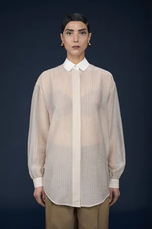 DOPPELGÄNGER Camicia donna oversized con collo in unito in tessuto trasparente a righe