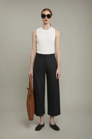 DOPPELGÄNGER Pantalone donna a gamba larga misto lino e cotone regular fit