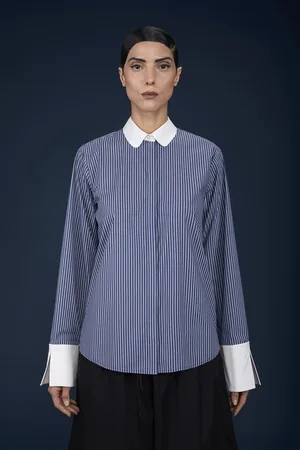 DOPPELGÄNGER Camicia donna classica con collo bebè polsi in unito e tessuto tinto filo a righe