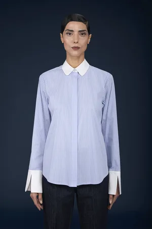 DOPPELGÄNGER Camicia donna classica con collo bebè polsi in unito e tessuto tinto filo a righe