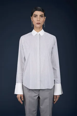 DOPPELGÄNGER Camicia donna classica con collo bebè polsi in unito e tessuto tinto filo a righe