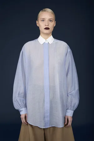 DOPPELGÄNGER Camicia donna oversized con collo in unito in tessuto trasparente a righe