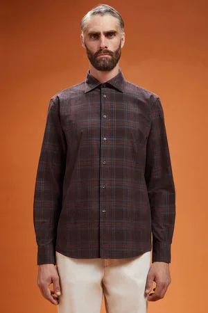 DOPPELGÄNGER Camicia casual uomo collo classico 100% cotone tessuto velluto 1000 righe con stampa a quadri comfort fit