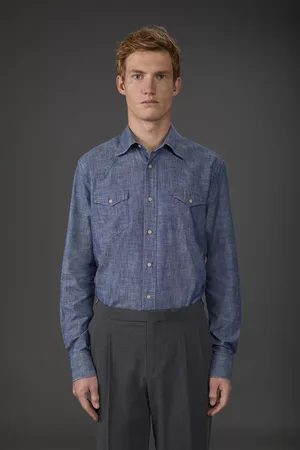 DOPPELGÄNGER Camicia uomo casual collo classico con doppia tasca sul petto tessuto chambray