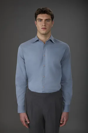 DOPPELGÄNGER Camicia uomo casual collo francese tessuto chambray leggermente stretch
