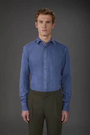 DOPPELGÄNGER Camicia uomo casual collo classico tessuto chambray