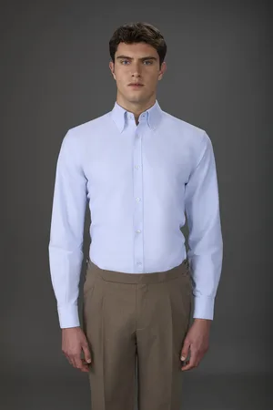 DOPPELGÄNGER Camicia casual uomo collo button down 100% cotone tessuto oxford ultra leggero tinta unita comfort fit