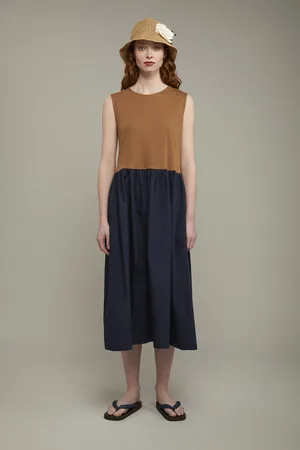 DOPPELGÄNGER Abito midi donna smanicato bicolore 100% cotone in jersey regular fit