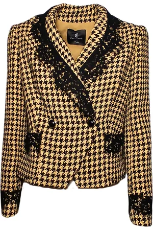 CRISTINAEFFE Giacca Donna Giacca doppio petto con rever a lancia, in motivo pied-de-poule nero e beige, rifinito con dettagli in pizzo nero.