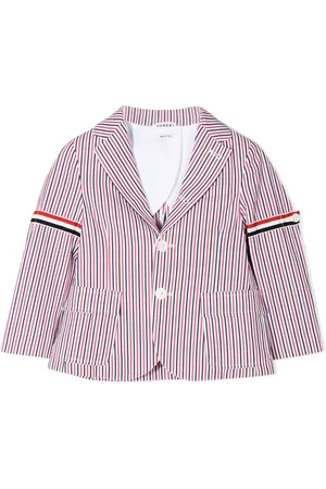 Thom Browne Patch pocket sport coat w/ rwb armbands in seersucker stripe