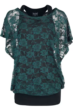 EMP T-Shirt di - Black top with green lace T-Shirt - M a 5XL - Donna
