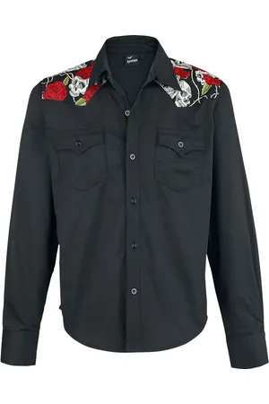 Banned Alternative Camicia Maniche Lunghe Rockabilly di - Skull Rose - S a 5XL - Uomo