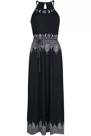 Gothicana Abito lungo Gothic di - Black Maxi Dress with Prints and Narrow Tie-Belt - S a 5XL - Donna