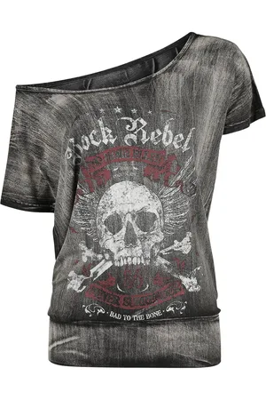 Rock Rebel T-Shirt di - Dark Grey T-shirt with Wide Neckline and Print - S a 5XL - Donna